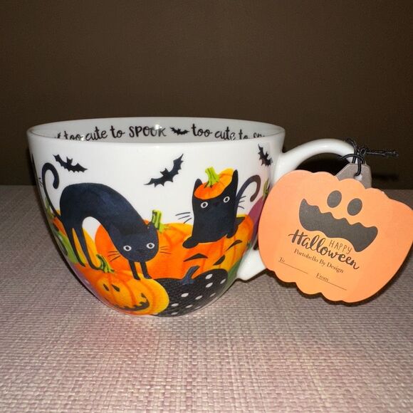 Portobello by Design Black Cat Pumpkin Halloween Bone Chino Ceramic Mug NWT - Picture 1 of 5